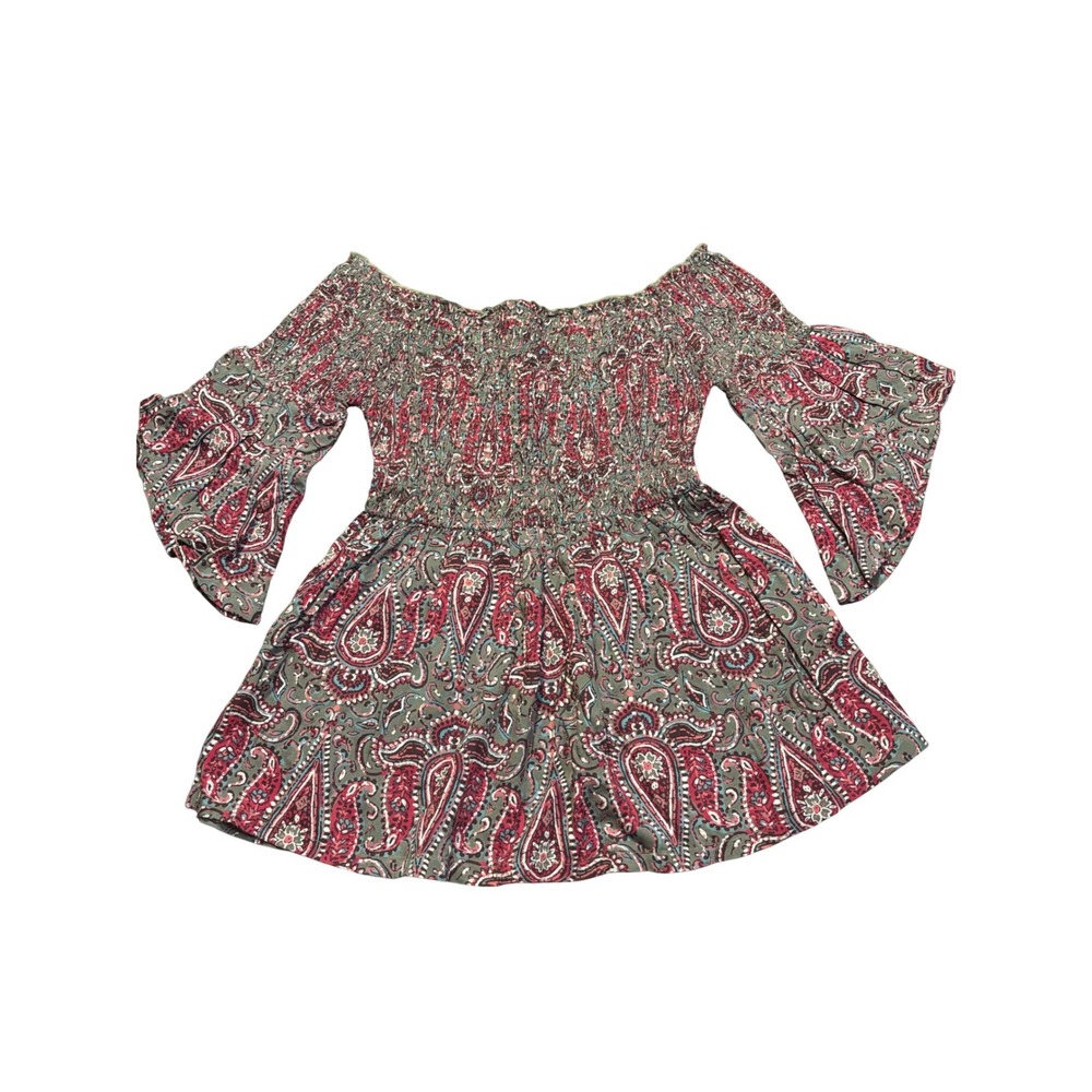 Hollister XS Smocked Paisley Bell Sleeve Top green Boho forest fairy‎ indie red